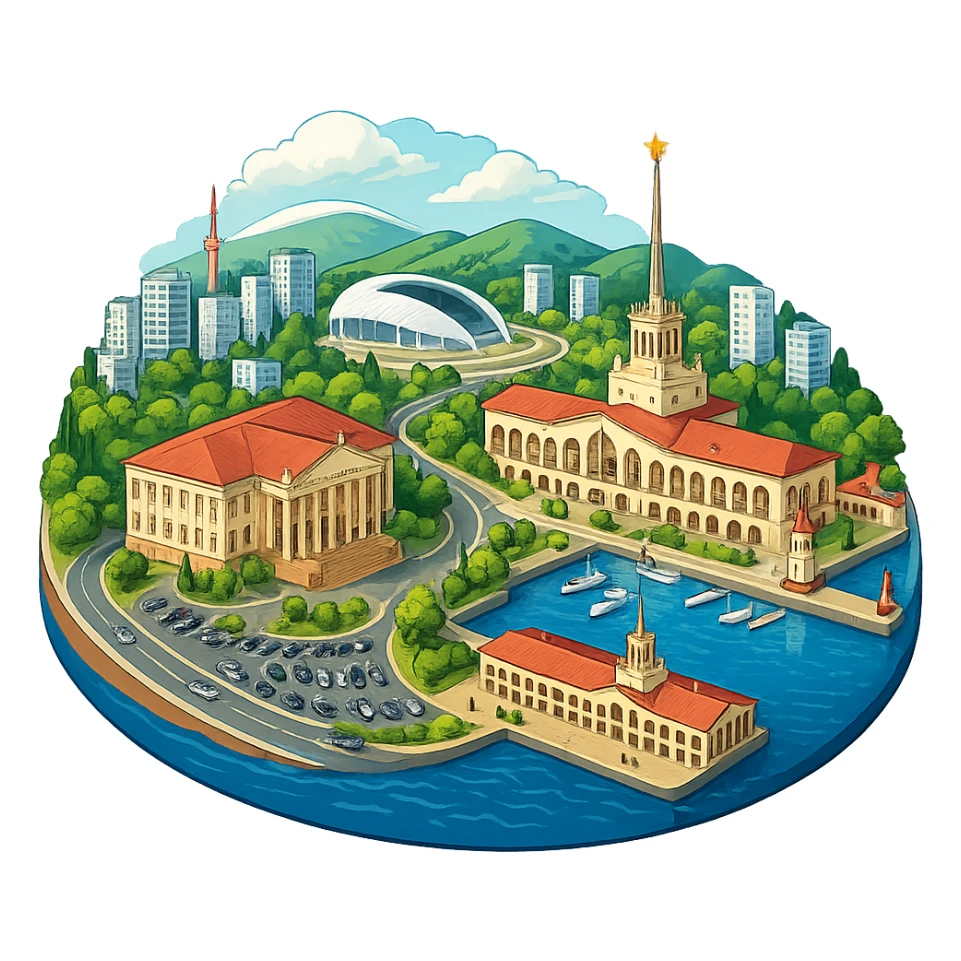 Изометричная, яркая, детализированная и фотореалистичная иллюстрация панорамы города Cочи на круглой подставке в стиле 3D-коллажей городов, здание Морского Порта, Зимний театр, стадион Фишт, море чёткие линии, слегка мультяшная стилистика, прозрачный фон, не обрезать края картинки sticker