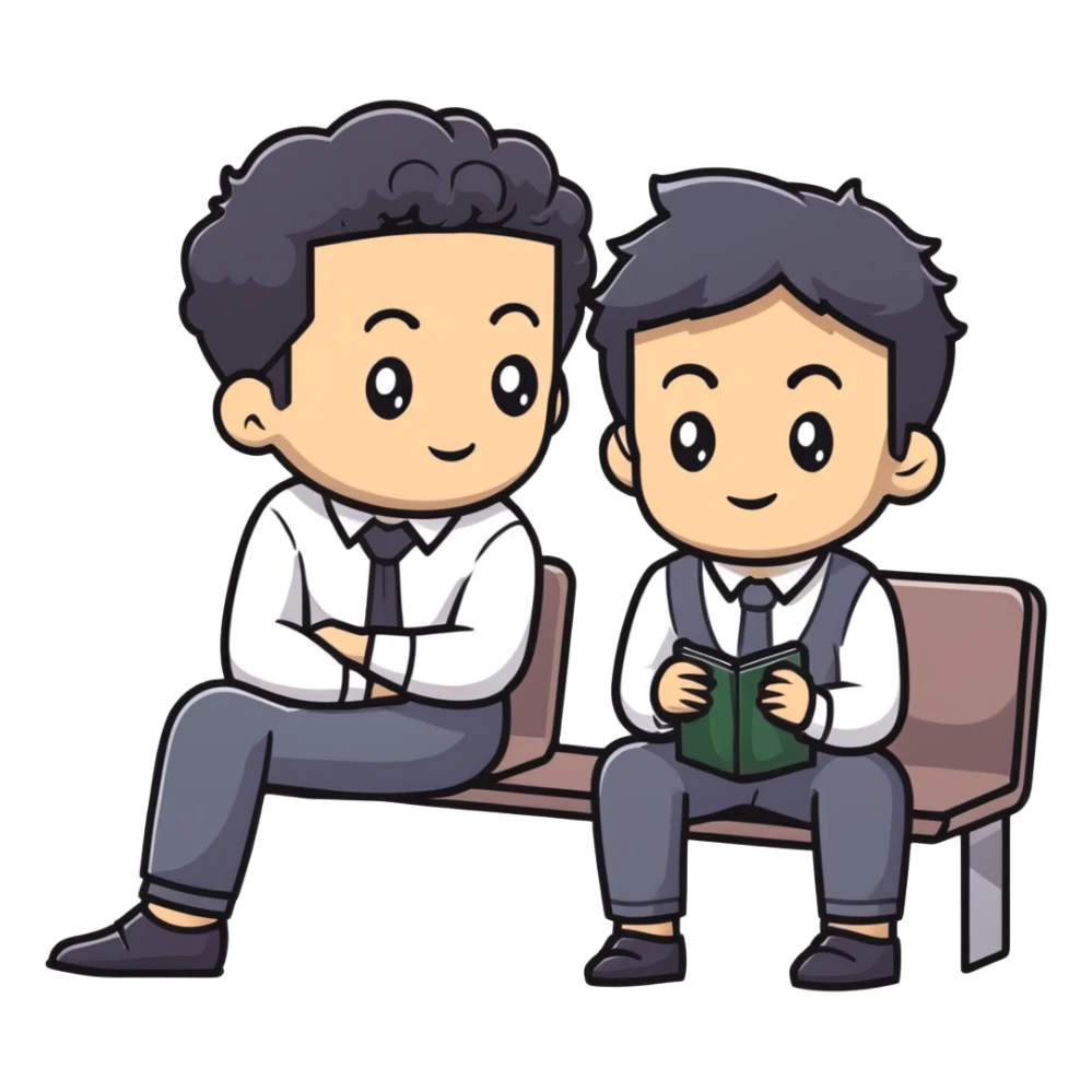 Management educator with black wavy hair, stubble, strong features, white skin, smart casual attire, sitting with a young professional, providing career guidance and mentorship, thoughtful listening expression sticker