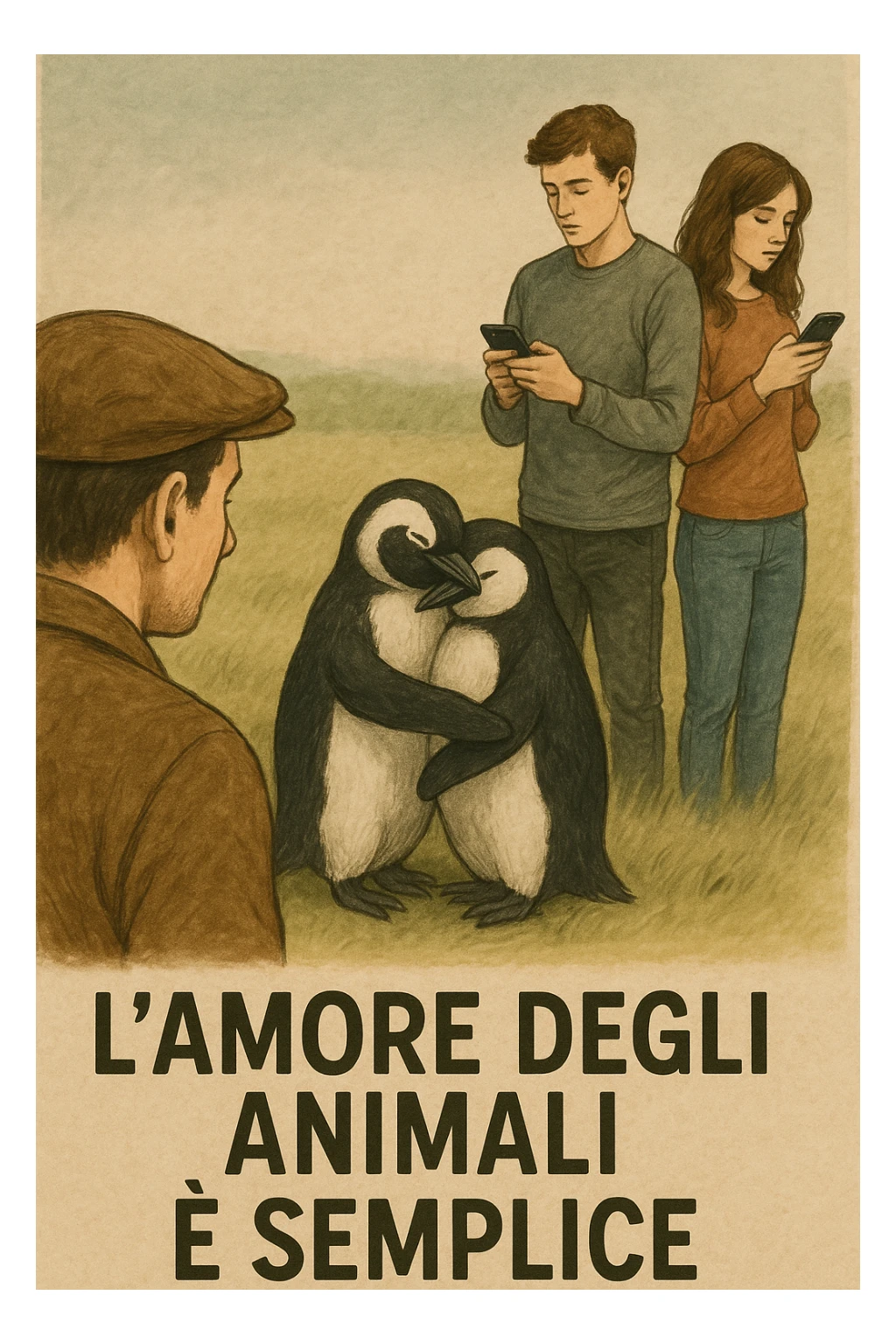 Vertical format: A man watching two penguins hugging. Next to them, a human couple is immersed in their phones and distant from each other. Include Italian text: 'L'amore degli animali è semplice'. sticker