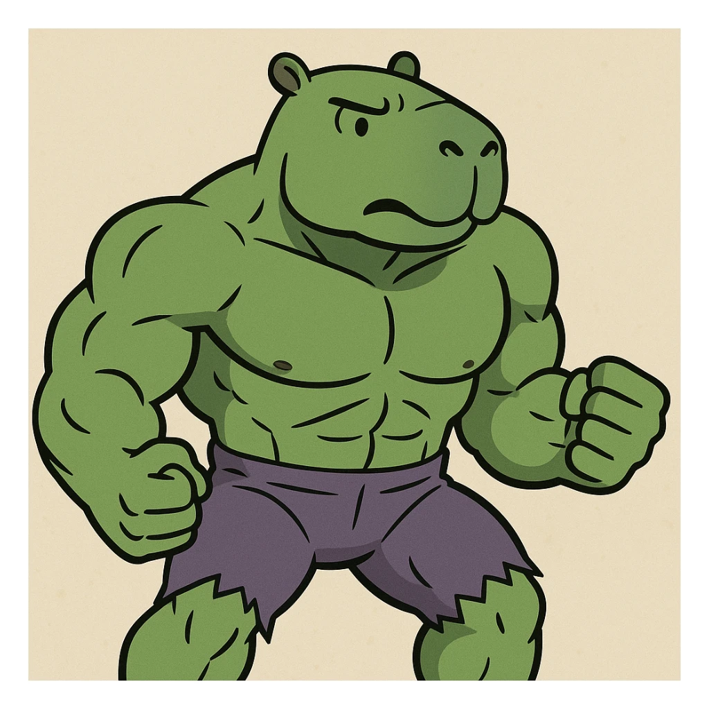 a superhero like the Hulk, but with a capybara face, strong build, green color, cartoon style sticker