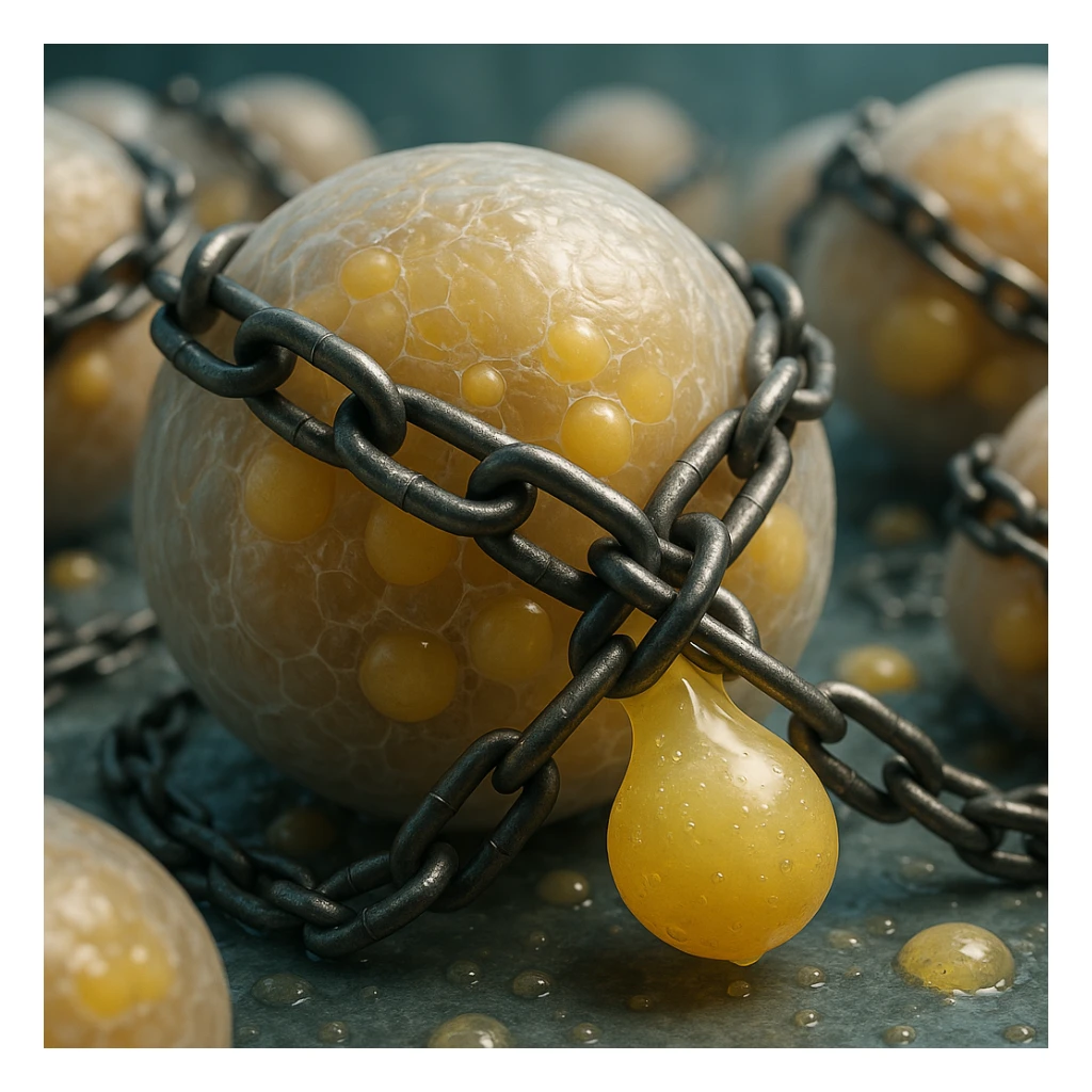 hyper realistic 4K adipocytes releasing fat but blocked by chains, membrane details, clinical atmosphere sticker