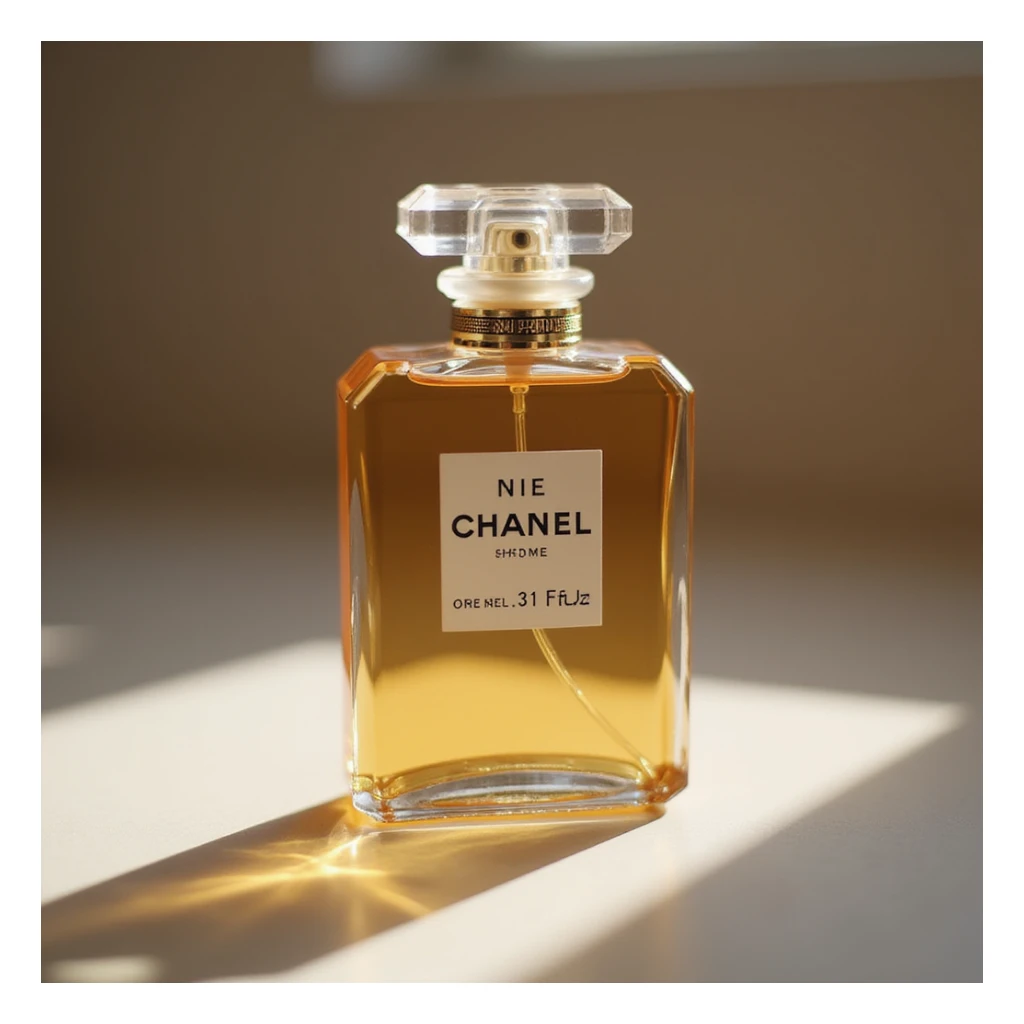 realistic Chanel perfume bottle with soft lighting, minimal background, photorealistic style sticker