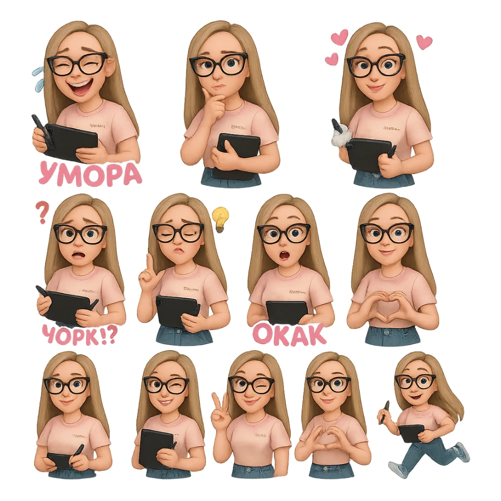 «Создай набор из 12 наклеек в стиле 3D cartoon  женского персонажа (30 лет выглядит моложе)  с прямыми светло русыми волосами ниже лопаток, светлой кожей, большими выразительными голубыми глазами, черные очки для зрения формы кошачий глаз, нос чуть с горбинкой.
Персонаж должен носить пастельную розово-бежевую тай дай футболку с вышивкой @ByUnicorn, голубые джинсы фасона мом, персонаж должен иметь разные выражения: смех до слез и подпись внизу пастельно-розовым текстом УМОРА, задумчивость, влюбленность (с сердцами вокруг головы), злость с паром из носа и подписью внизу пастельно розовым текстом ТИЛЬТ, растерянность (со знаком вопроса) и подпись пастельно-розовым текстом ЧОРИЛ?, наличие идеи (с зажженной лампочкой), плач со слезами из глаз, удивление с открытым ртом и подписью пастельно розовым текстом ОКАК, улыбка и  подмигивание, знак мира рукой, создание сердца руками, бегство со всех ног. Размер картинки не ограниченный, чтобы все наклейки вместились без обрезки. Стиль мультяшный  DreamWorks, мягкий свет, прозрачный фон, и добавь персонажу в руки графический планшет следи чтобы выглядело органично, красиво, не нарушая законы природы и физики, можешь добавить в другую руку перо от графического планшета, если это будет позволять смысл стикера» sticker