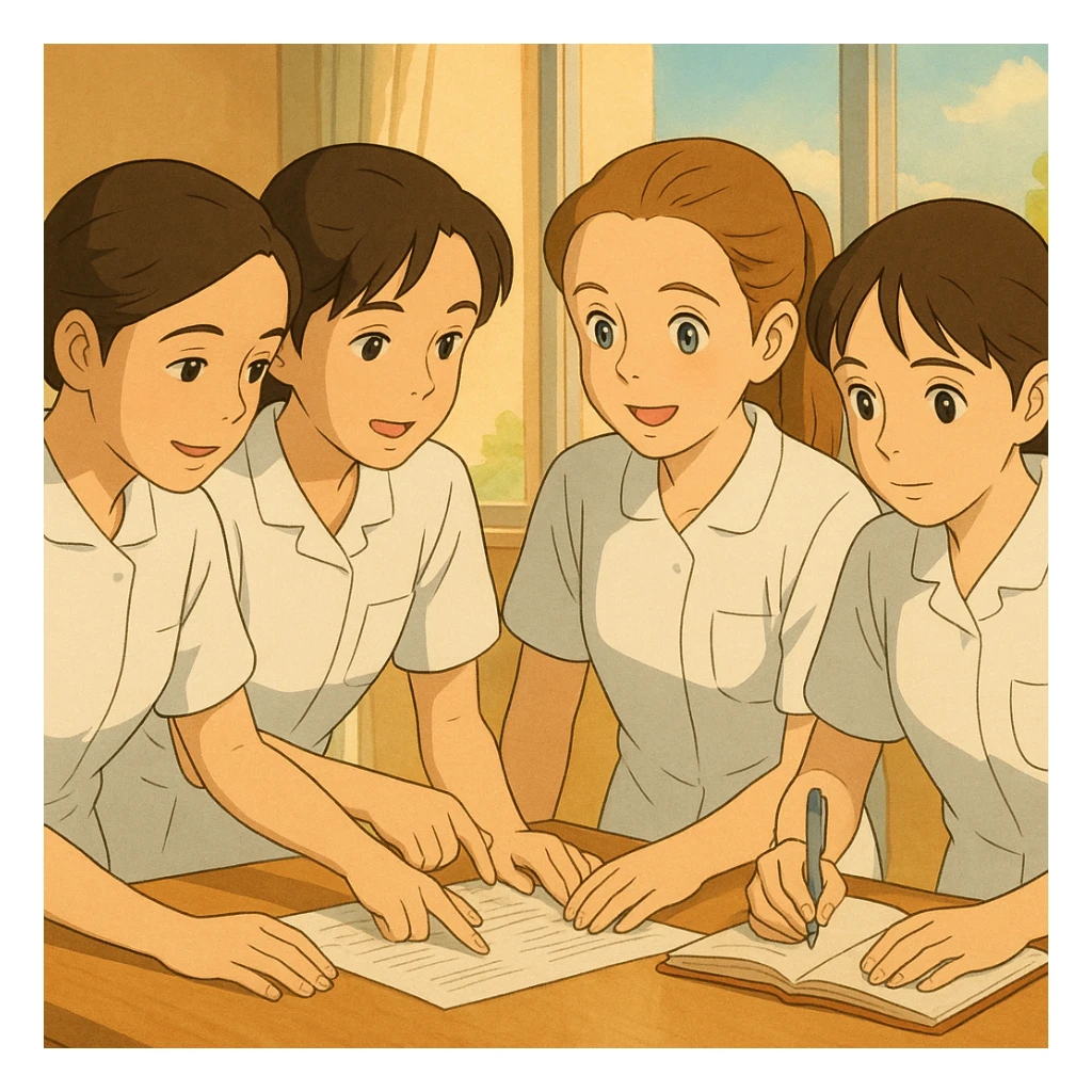 Four nursing students collaborating together, wearing white short-sleeve medical tunic-style uniforms with V-neck, no collar, no buttons, left chest pocket, bare forearms and arms, long hair tied back, inspired by the four provided reference faces, in Ghibli style. sticker
