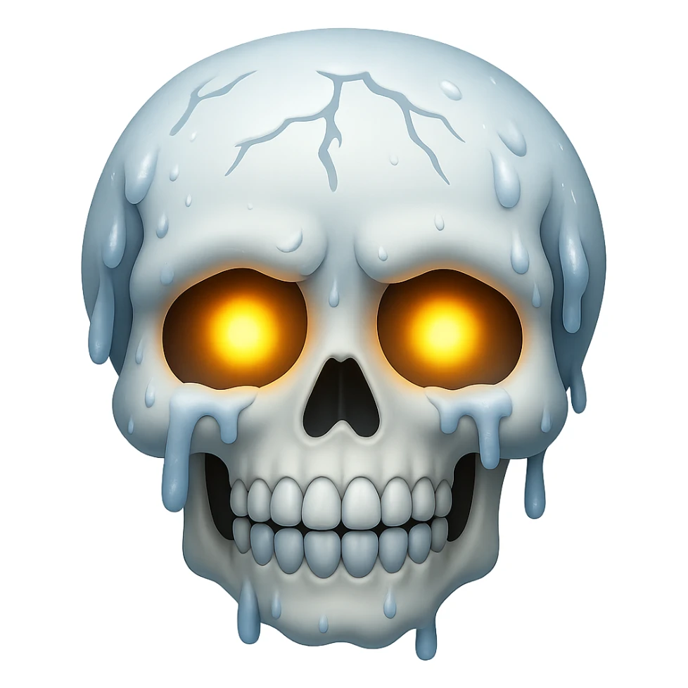 Add glowing eyes to the skull covered in snow, shivering. The image should have no background. Preserve the snowy and shivering effect on the skull. sticker