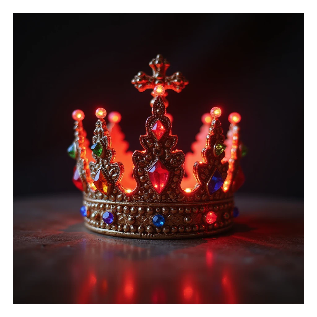 a realistic crown, glowing red, encrusted with colorful gems, dramatic lighting sticker