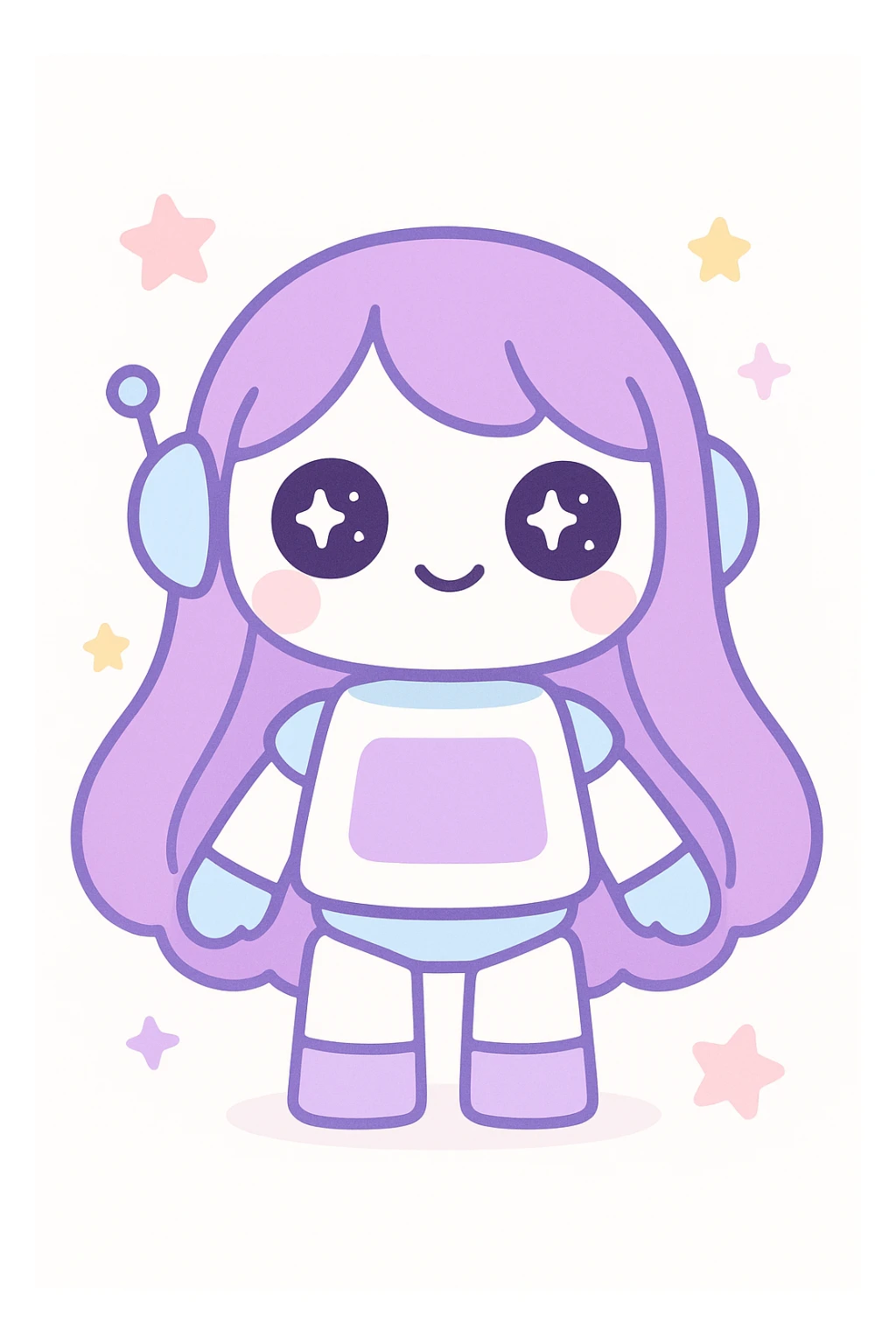 futuristic robot with long purple hair, glowing eyes, sci-fi anime style sticker