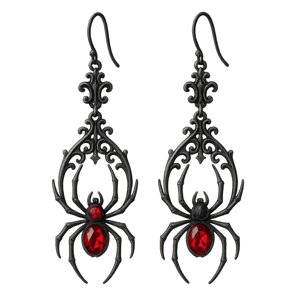 goth earrings, black spider with red gem, dramatic gothic style, ornate sticker