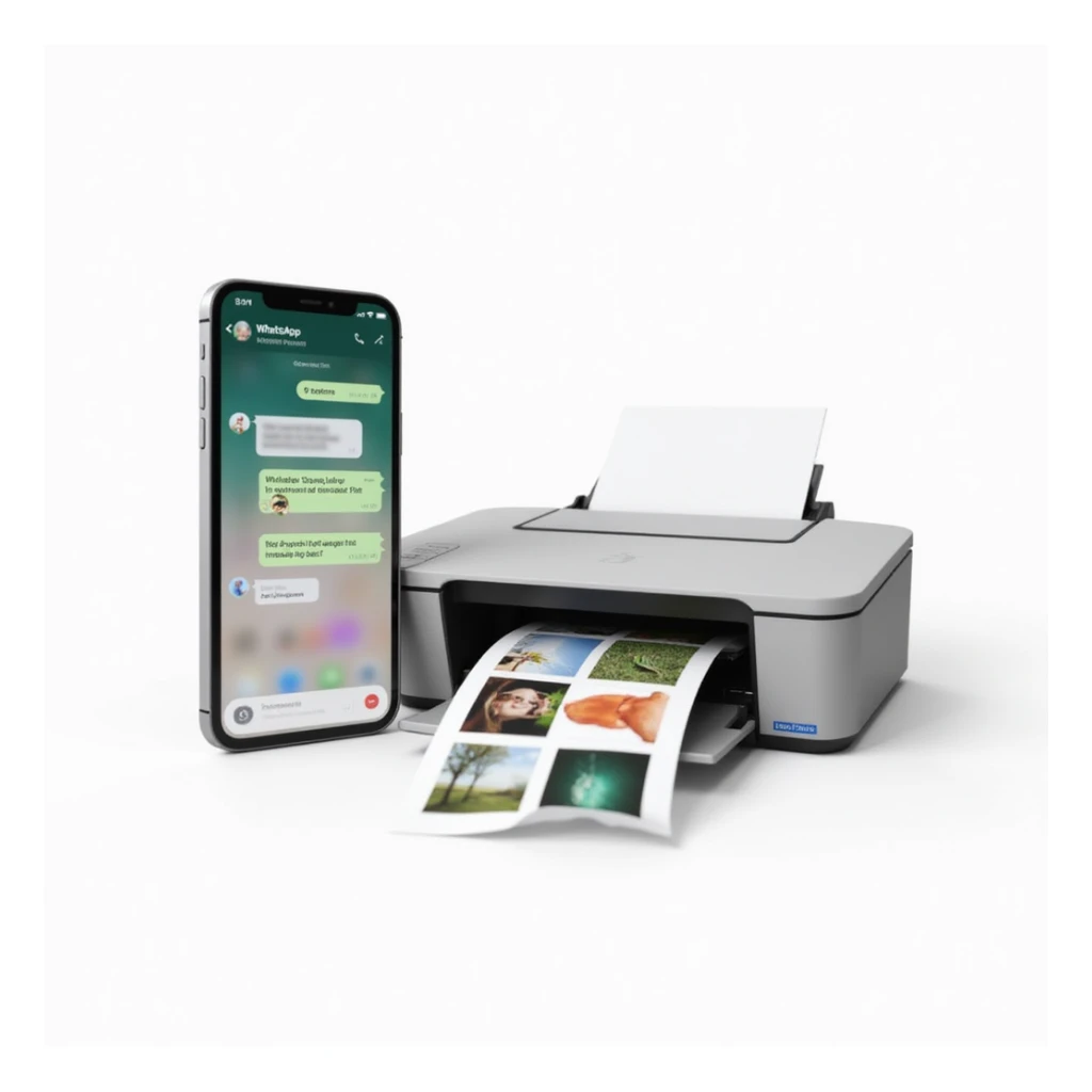 realistic thumbnail for a WhatsApp print out service, smartphone on the left side showing WhatsApp open with a chat containing images, PDFs, and documents being sent, printer on the right side printing out a mix of photos and documents, clean white background sticker