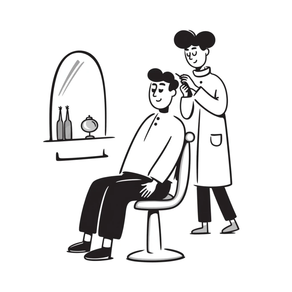 a soldier man getting a haircut, hand drawn doodle style sticker