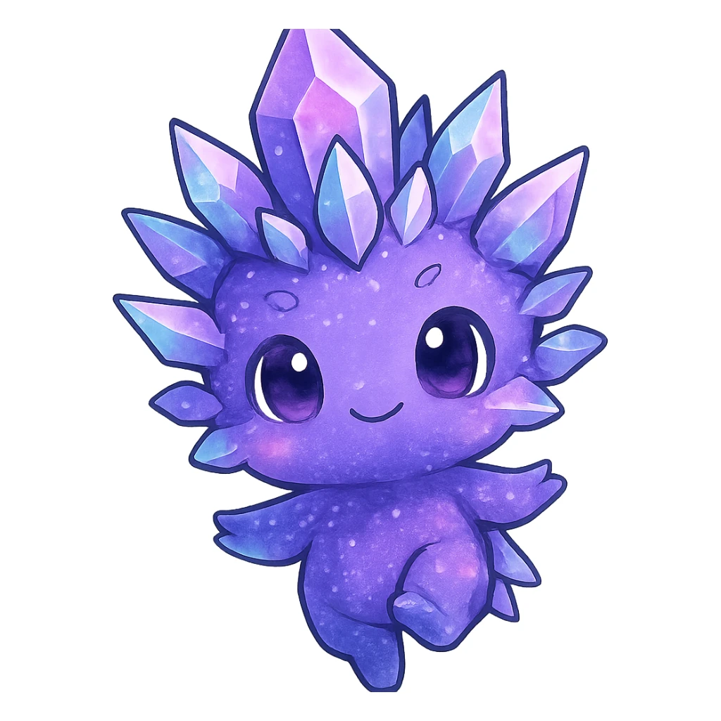 chibi kawaii crystal sprite creature in purple, blue, and pink colors, floating pose, cute and adorable sticker
