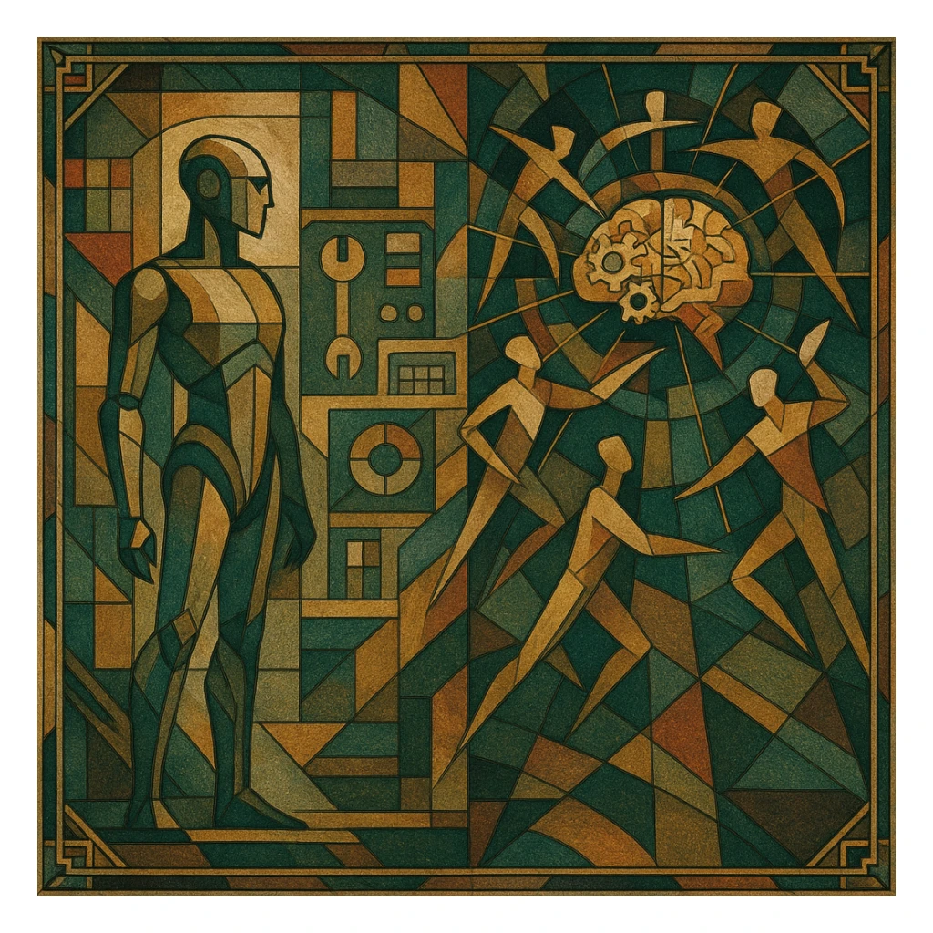 Square-format, richly detailed Art Deco illustration inspired by BioShock’s world. Left side: a solitary, sleek humanoid android representing an 'AI Agent', surrounded by minimalist tools and clean control panels, evoking autonomy and precision. Right side: a dynamic, collaborative Agentic AI system with multiple abstract humanoid figures in motion, orbiting a glowing neural core or brain with gears and radiant lines, symbolizing communication and coordination. Bold geometry, gold-leaf-inspired gradients, intricate Deco framing, moody and atmospheric, visually ornate, no text, vintage poster from a lost utopian future, pure symbolic narrative. sticker