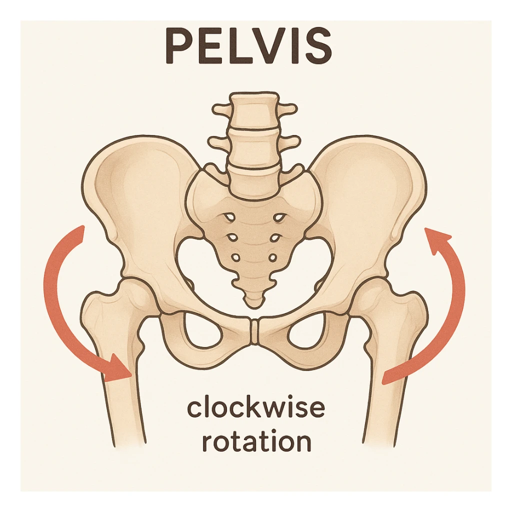 anatomical pelvis, arrows showing clockwise rotation, simple and clear, educational style, medical illustration sticker
