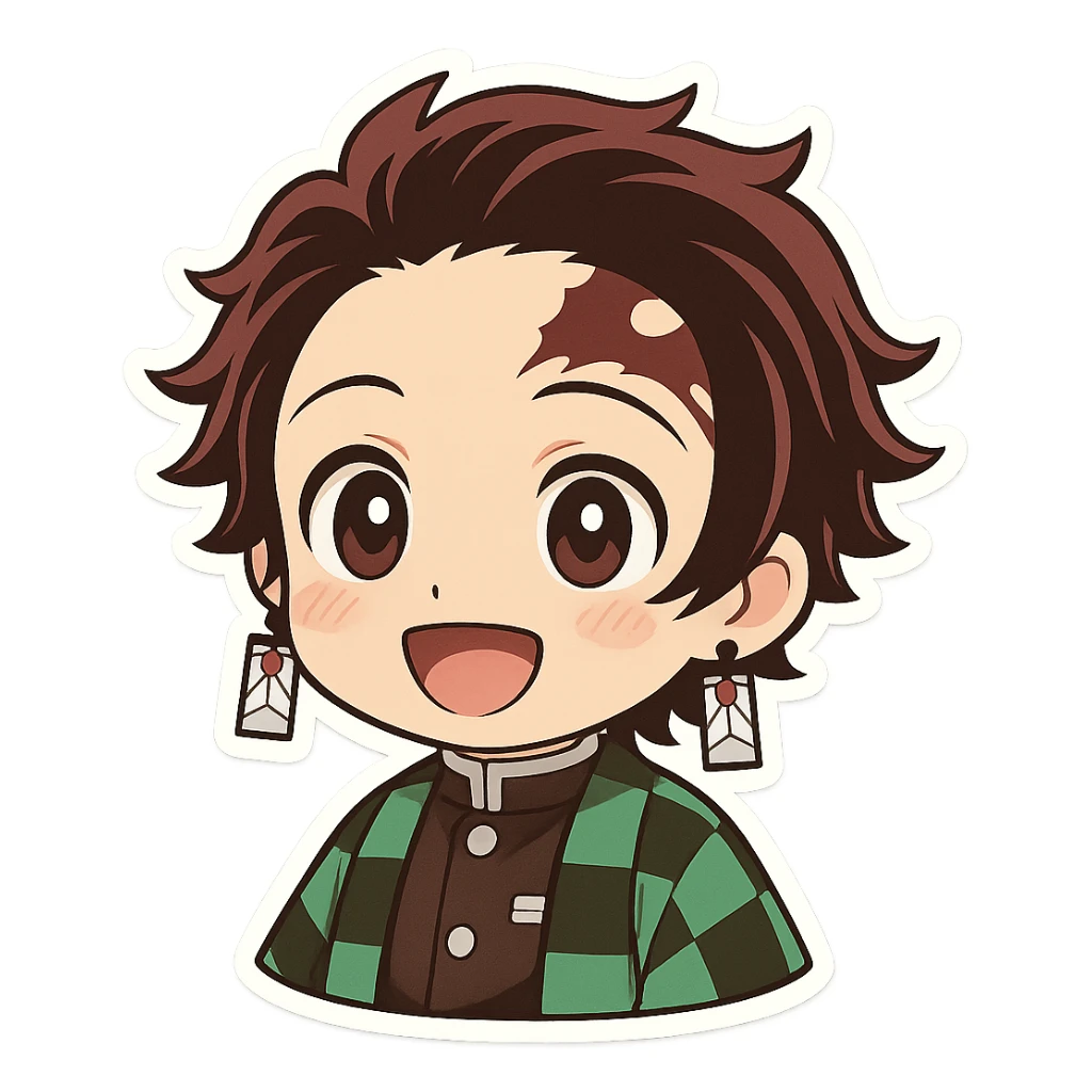 Tanjiro Kamado from Demon Slayer, chibi style, big eyes, green and black checkered haori, hanafuda earrings, smiling sticker