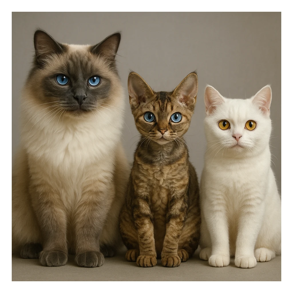 Three cats side by side: left is a large blue point Birman male with blue eyes, center is a petite brown tabby Devon Rex female with pale blue eyes, right is a small white British Shorthair female with yellow eyes. sticker