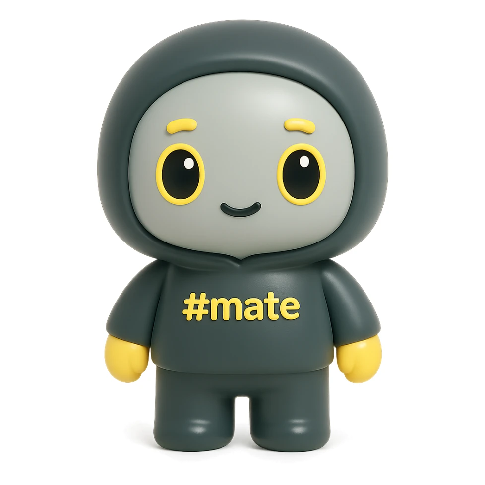 Chibi-style 3D kawaii character, plasticine or vinyl figure, matte, soft lighting. Large head, short limbs. Hoodie and body matte dark gray, face lighter gray. Hands, eyebrows, mouth, and eye outlines yellow. Eyes: yellow outline, black pupil with highlight. '#mate' on chest, # in yellow. White or off-white background, no text bubbles or borders. sticker
