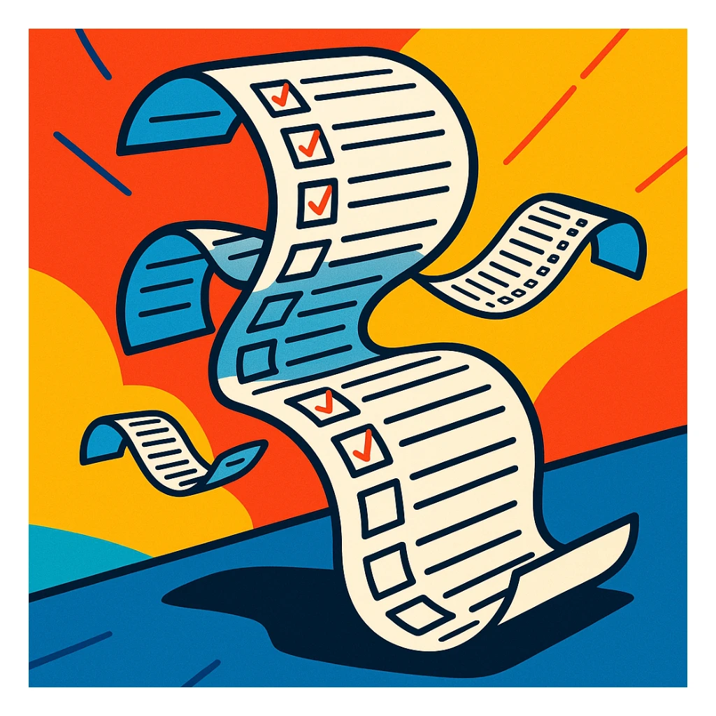 never-ending to-do list paper twisting and turning with exaggerated curves, filled with rows of tiny checkboxes, fading away in a vibrant cartoonish scene sticker