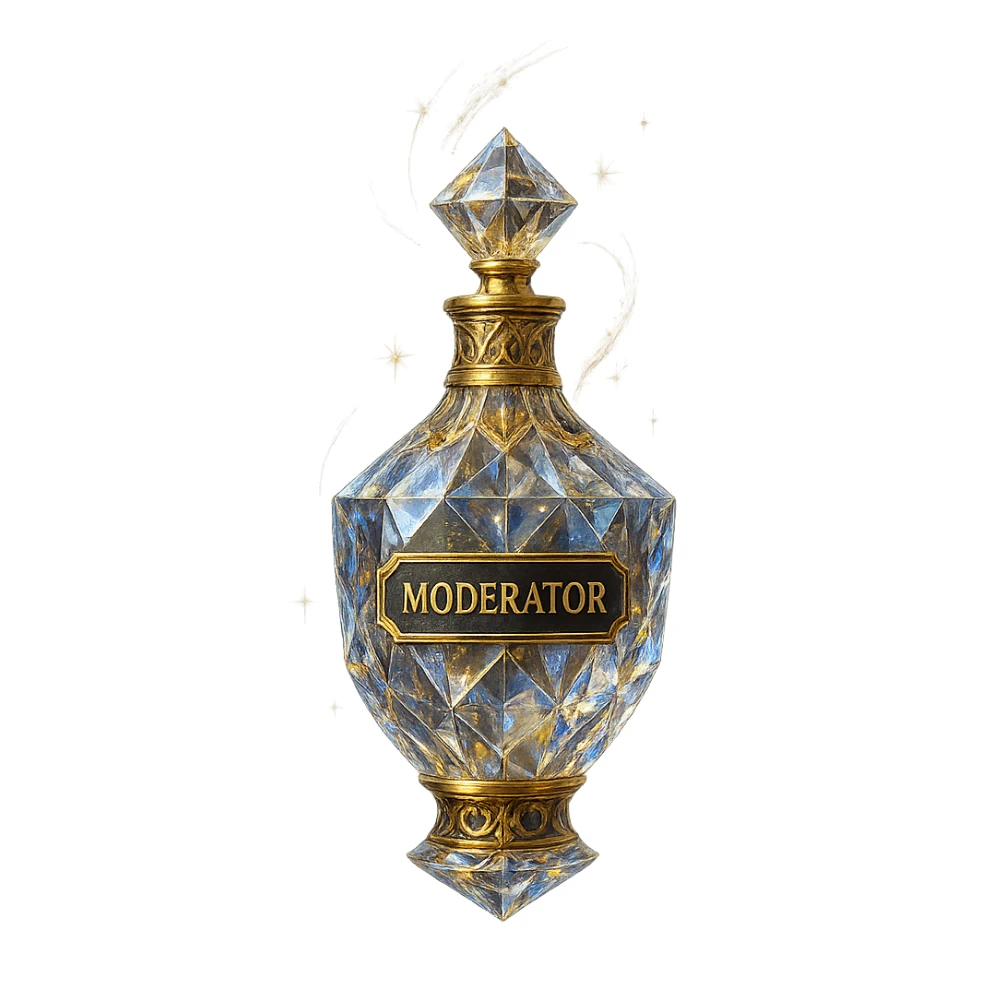 premium class crystal elixir bottle with the inscription 'Moderator', lots of shining, facets, ornaments, golden details, magical effects, very small golden neck, transparent background, beautiful seamless bottom, bottle clearly floating in the air without base or shadow, very luxurious, modern, matching the collection sticker