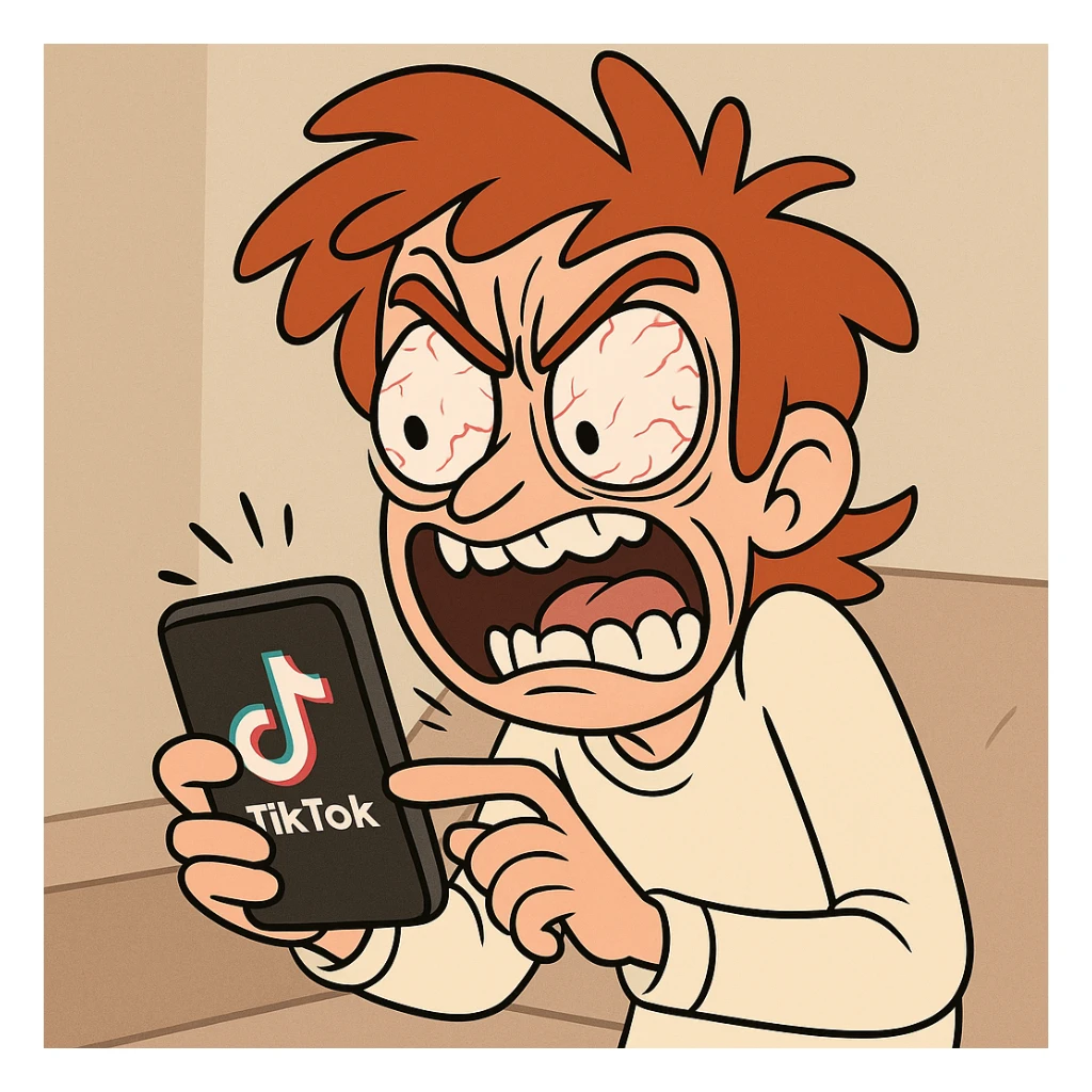 red-haired character frantically scrolling on a phone, TikTok logo visible, exaggerated crazy face, animated style sticker