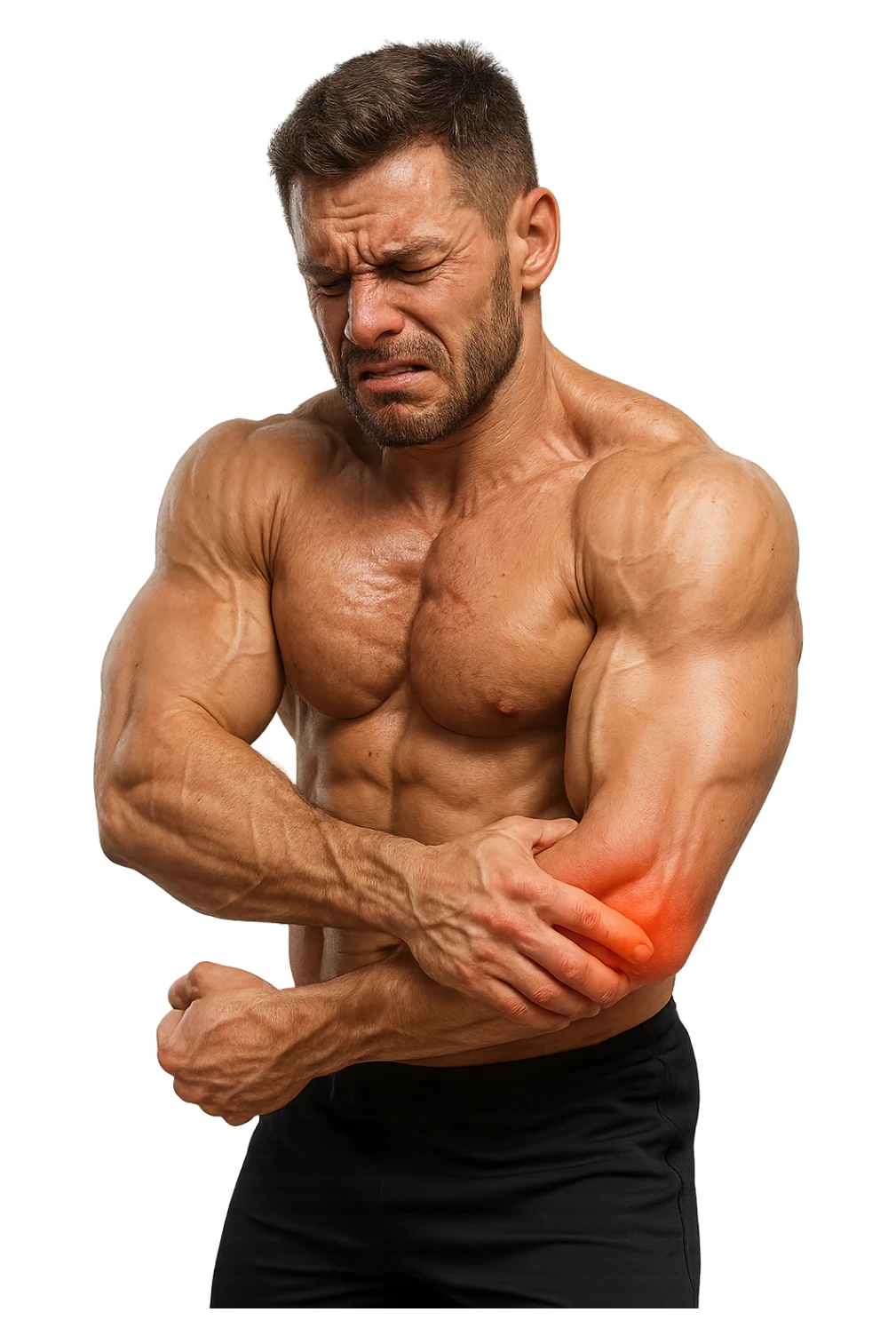 BODYBUILDER CHE HA DOLORI Al gomito, SI è INFORTUNATO CON L'ALLENAMENTO, iperrealistico 4k sticker