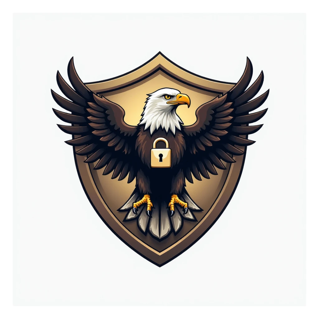 realistic eagle styled to resemble a security agency named Pinsafe, eagle with vigilant protective expression, subtle design elements evoking security and trust, shield motif or lock integrated into feathers or background, professional modern look, security agency brand sticker