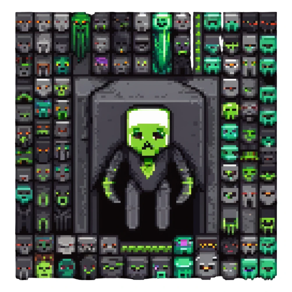 Creeper and Enderman heads fused down the middle, classic Minecraft colors, pixel art style sticker