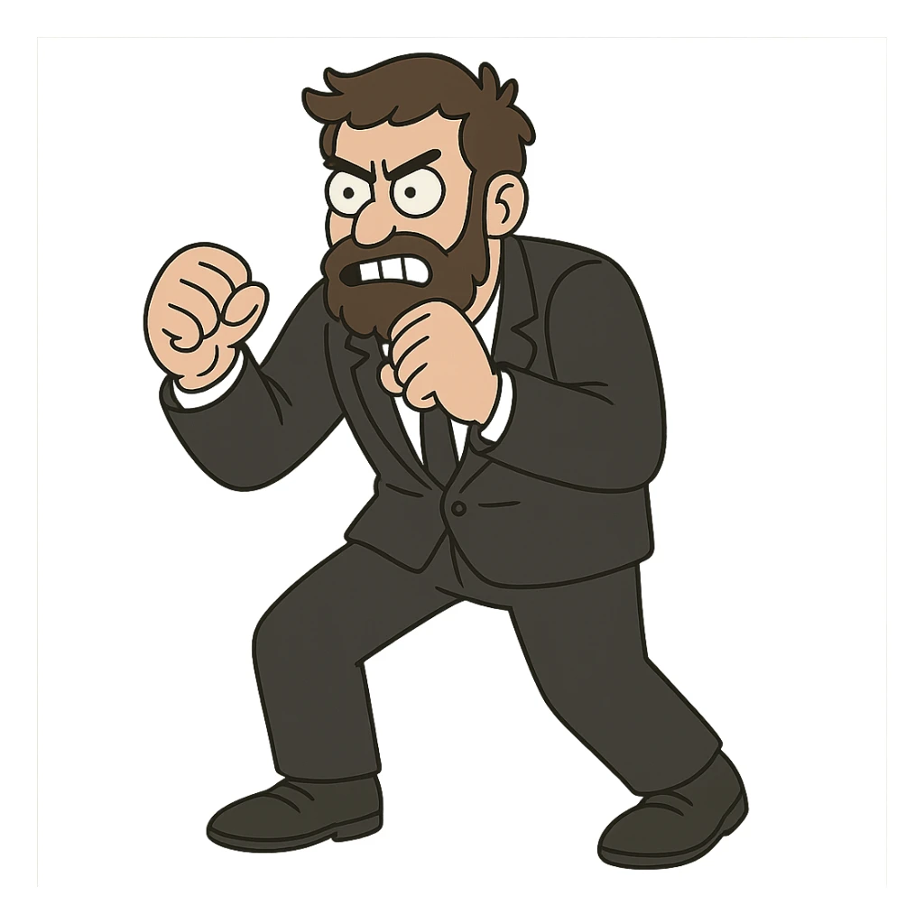 flat toon style bearded man in a black suit, fighting posture sticker