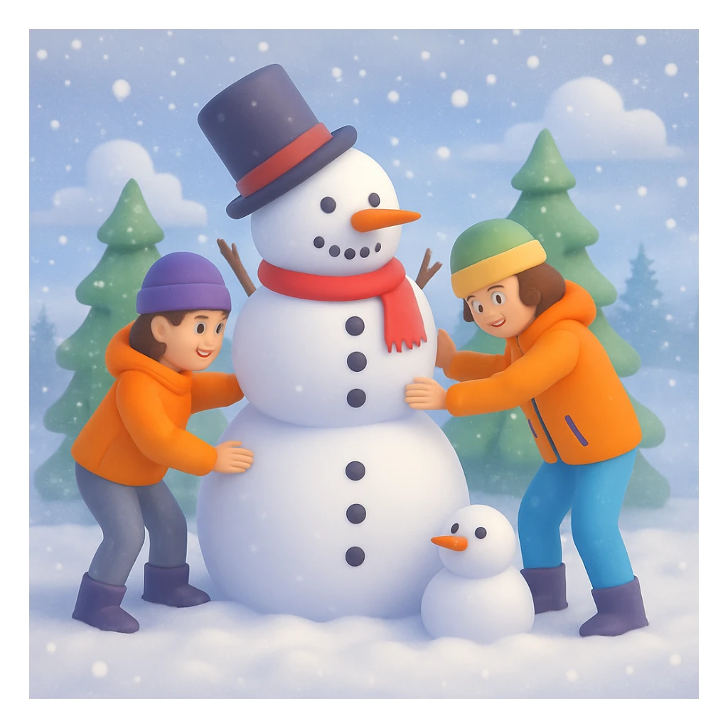 Add a snowy background behind the kids building a snowman, keep the original 3D emoji style sticker
