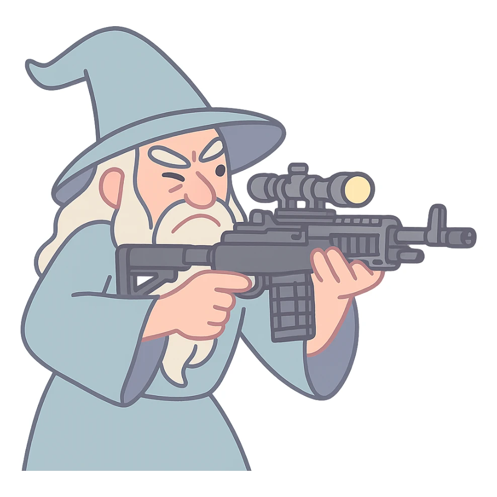 Gandalf the Gray aiming an M-14 EBR, about to 360 no-scope, whimsical, soft pastel tones, pastel toon style sticker