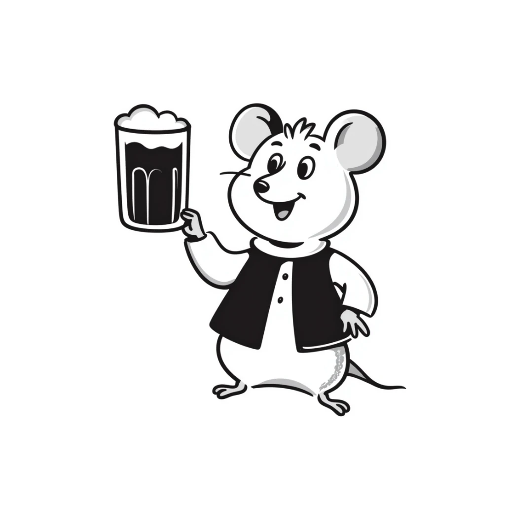Hand-drawn mouse character toasting with a beer mug sticker