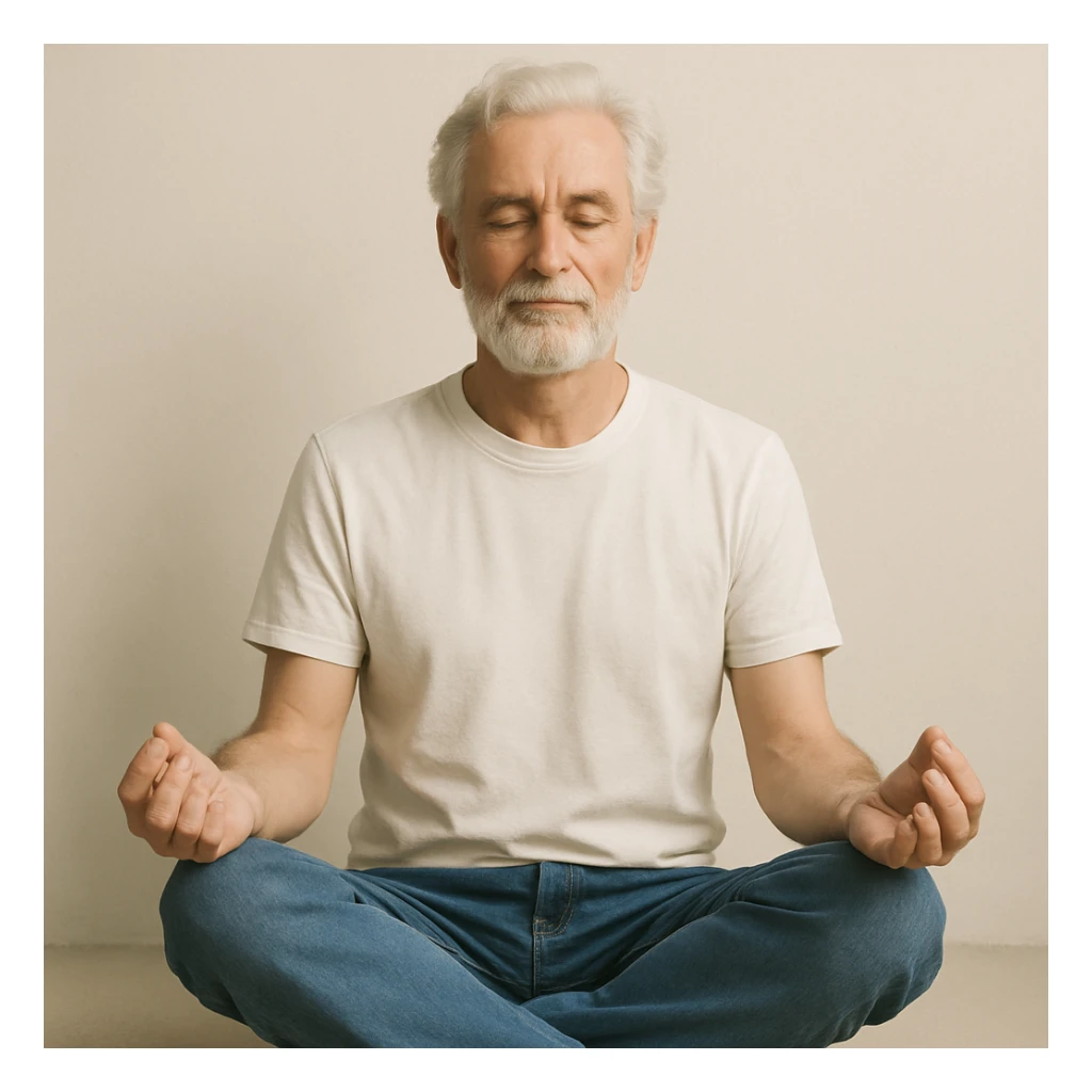 grey-haired and bearded white man meditating, white t-shirt, blue jeans, peaceful expression, minimal background sticker