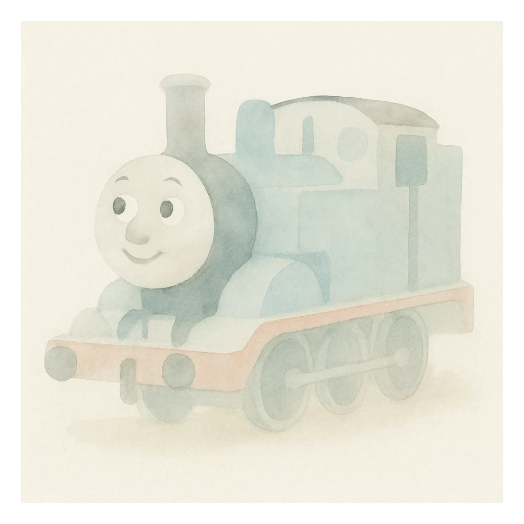 Thomas the Tank Engine, ink and watercolor, storybook style, charming and whimsical sticker