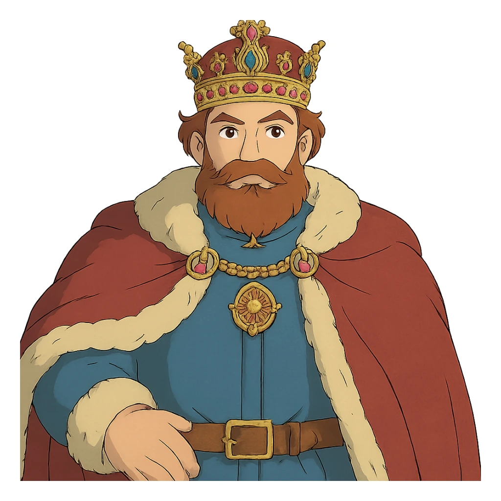 ghibli style regal king with ornate crown sticker