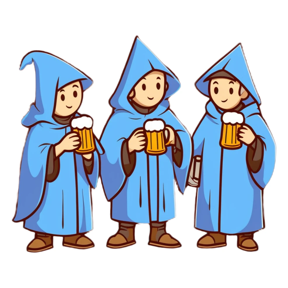 medieval pilgrims with cloaks drinking beer at a tavern sticker