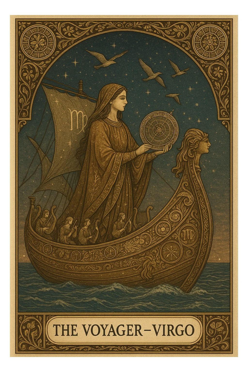 Create a Tarot card titled "The Voyager – Virgo" featuring a serene Virgo figure traveling on a majestic ship across a starlit sea. The Virgo appears graceful and introspective, wearing flowing earth-toned robes embroidered with fine constellations and botanical patterns. She holds a celestial map or astrolabe, symbolizing wisdom and direction. The ship is ornately carved with zodiac motifs, arcane symbols, and detailed woodwork representing elements of nature and time. Birds soar overhead in elegant formation, symbolizing spiritual guidance, while a group of musicians onboard plays harps, flutes, and lyres—each instrument etched with runes and celestial glyphs. Surrounding the card’s border are elaborate vine patterns, miniature zodiac wheels, and golden filigree that shimmer with ethereal light. The background should feature a richly textured twilight sky with layered stars, subtle planetary alignments, and faint Virgo glyphs woven into the sails and horizon. The overall composition should evoke mystery, harmony, and divine purpose, blending traditional Tarot symbolism with intricate artistic craftsmanship sticker