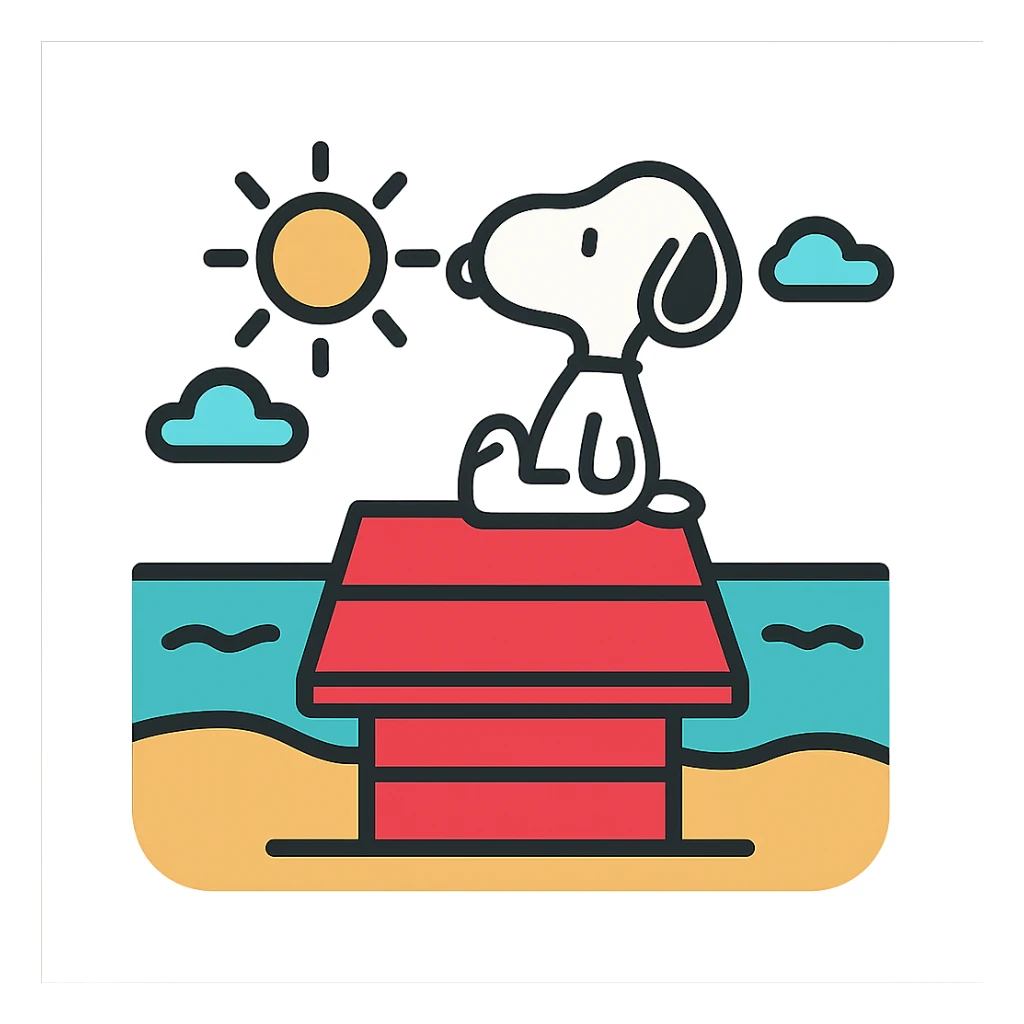 Snoopy, outlined and colorful, sitting on a doghouse, with a beach background sticker