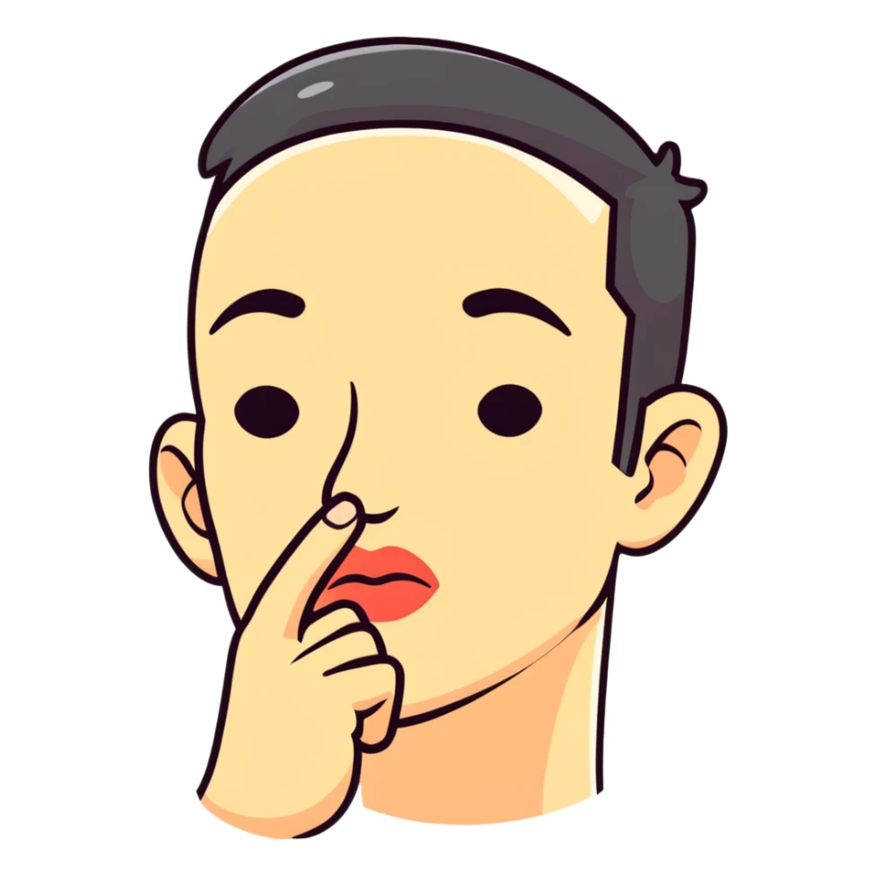 cartoon face making shush gesture with finger on lips, pointing at jaw, pressing cheekbones sticker