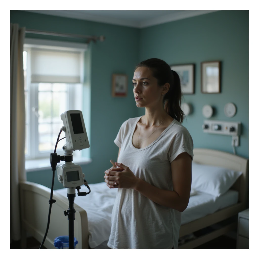 hyperrealistic 4K image of new mother standing in nursery, obsessively checking baby monitor, dark circles under eyes, surrounded by every safety device imaginable, anxious and exhausted, safe and detailed environment sticker