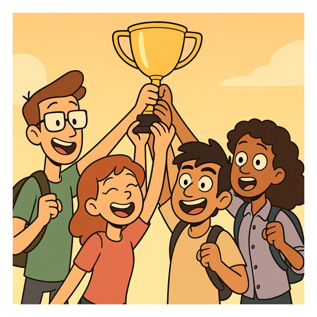 four students in a warm atmosphere lifting a trophy, modern cartoon style, bright background sticker