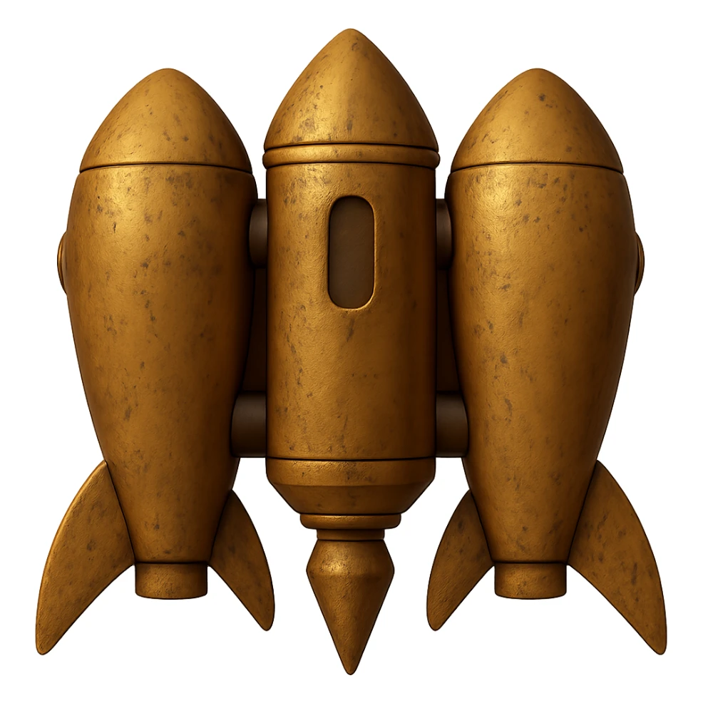Make the wing rockets even wider, gold ancient wide jetpack with worn and weathered look, back view, no fire, in the style of apple emojis, with no background. sticker
