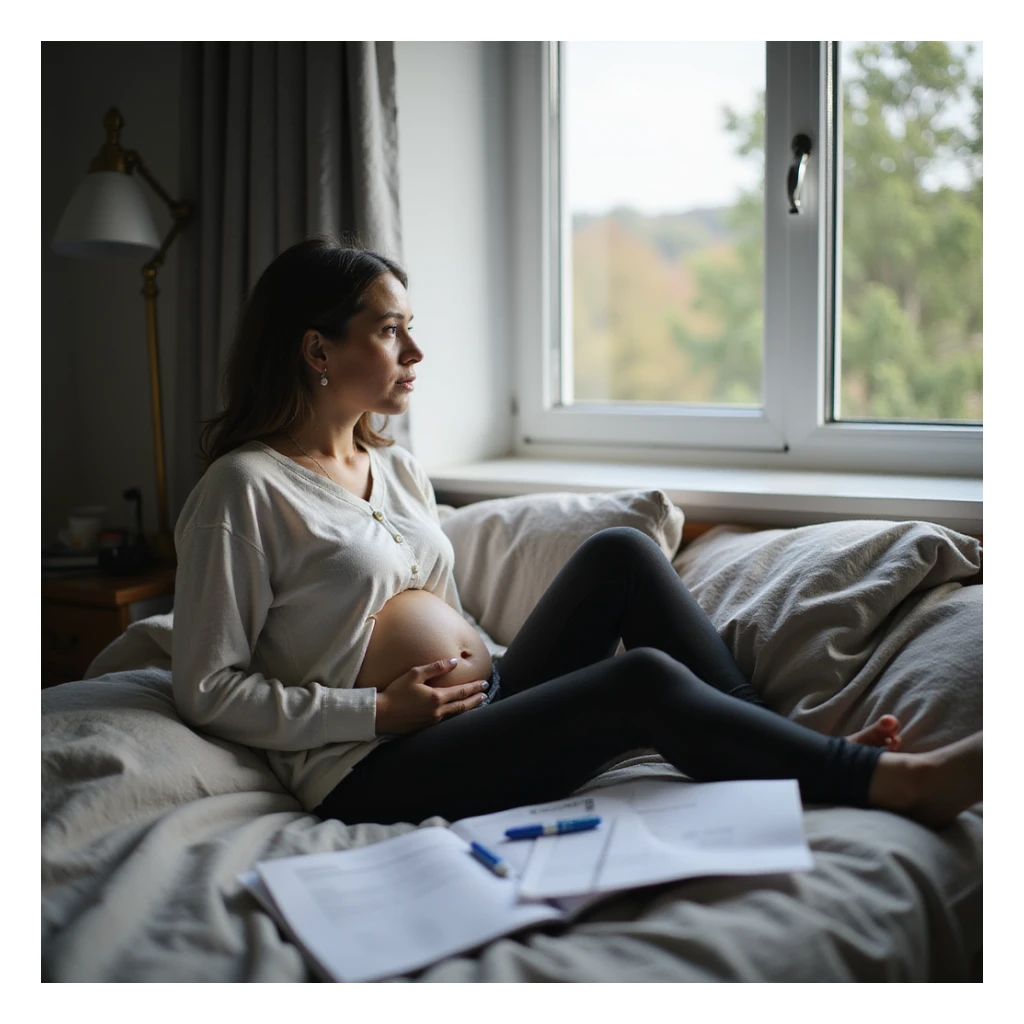woman sitting on bed, thoughtful look towards window, pregnancy test and medical records nearby, emotional atmosphere, realistic details, natural light, 4K quality sticker