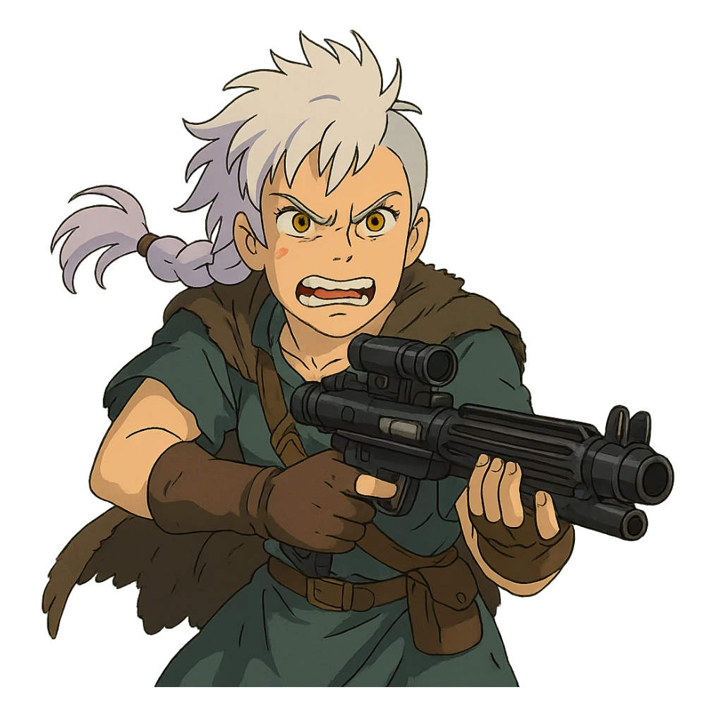 1 FEMALE, GOLD YELLOW EYES, WHITE HAIR LAVENDER TIPS, MESSY LOCKS BANGS MOHAWK, LONG BRAID, MERCENARY GARB, HOLDING A STORMTROOPER'S E11 BLASTER RIFLE, BRANDISHING, FURIOUS GLARE, GRITTING TEETH sticker
