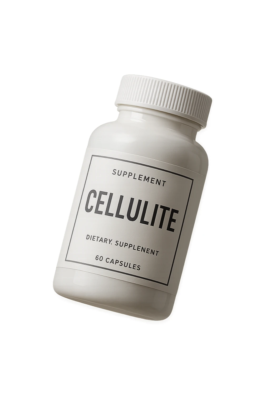 UNA BOCCETTA DI INTEGRATORE BIANCA CON LA SCRITTA "CELLULITE" SULL'ETICHETTA CHE FLUTTUA IN ARIA, IPERREALISTICA 4K sticker