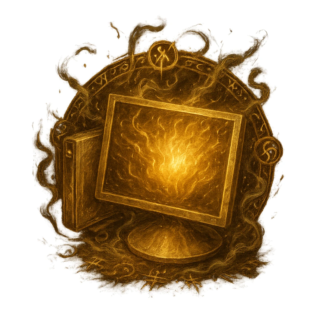 Make a version of the Windows 'My Computer' icon as an Elden Ring incantation with a transparent background. Show the computer glowing with golden light, magical glyphs, and ethereal smoke, in the style of Elden Ring spell icons. 1080 x 1080 format. sticker