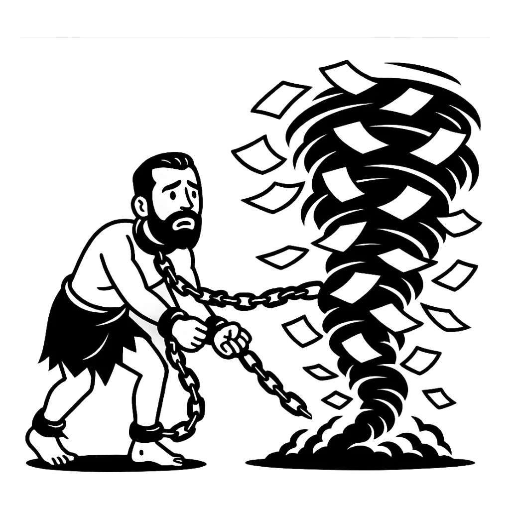 Используя такую стилистику сгенерируй героя в образе раба, закованного в кандалы и цепи идут в огромный ураган из бумаги, который символизирует бумажную рутину, прозрачный фон sticker