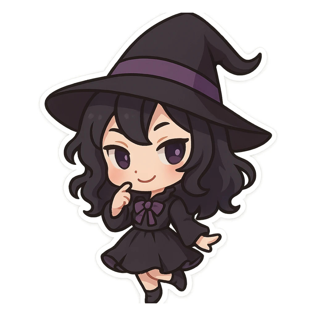 gothic black and purple witch hat, playful and mysterious, chibi style sticker