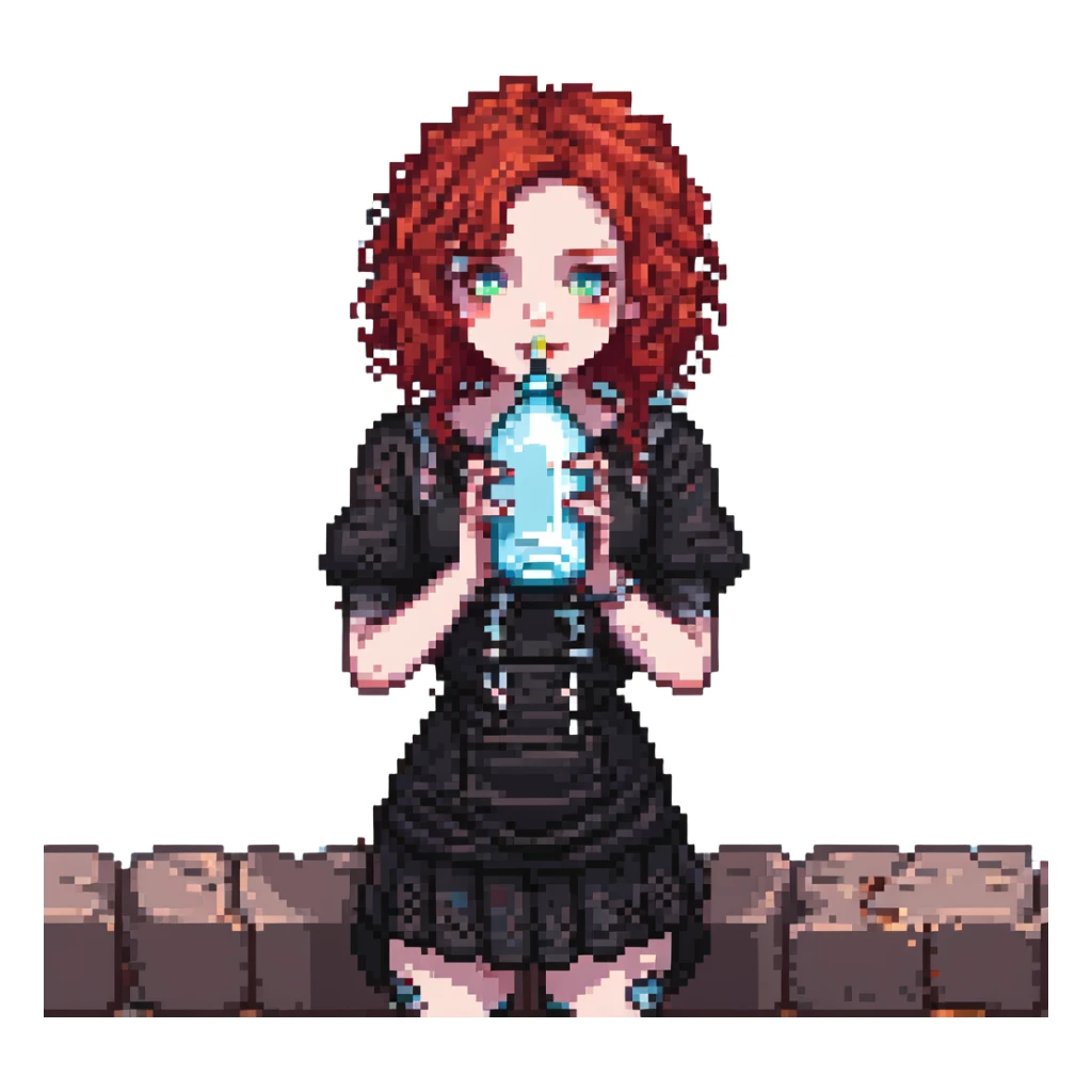 close-up goth girl with red curly hair drinking water sticker