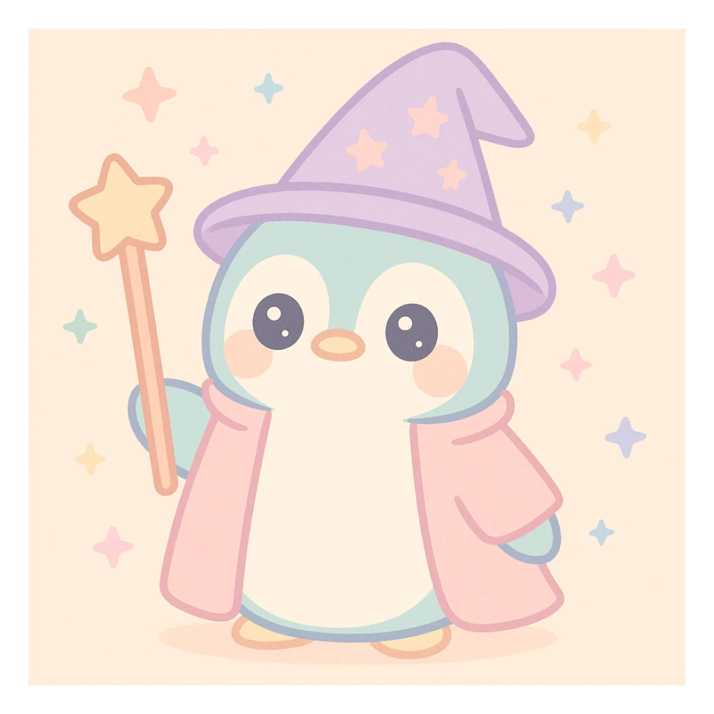 a penguin dressed as a wizard, with a pointy hat and a magic staff, charming colorful style sticker