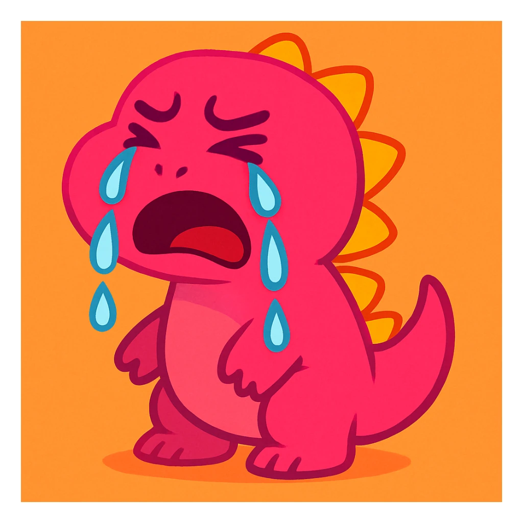 cartoon dinosaur crying, hot pink color, tears dripping down, vibrant, cute sticker