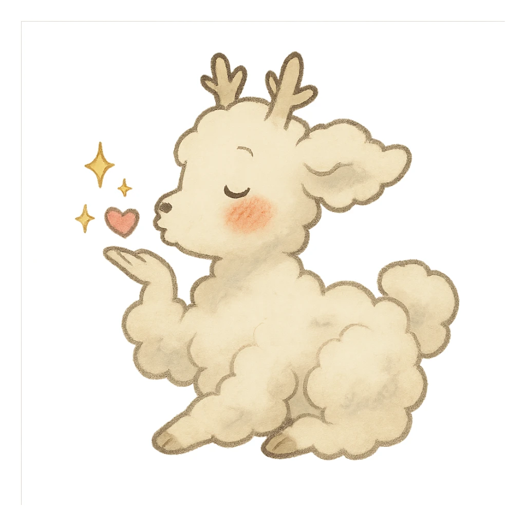 vanilla-colored cloud doe blowing a kiss with sparkles and rosy cheeks, soft Ghibli style sticker